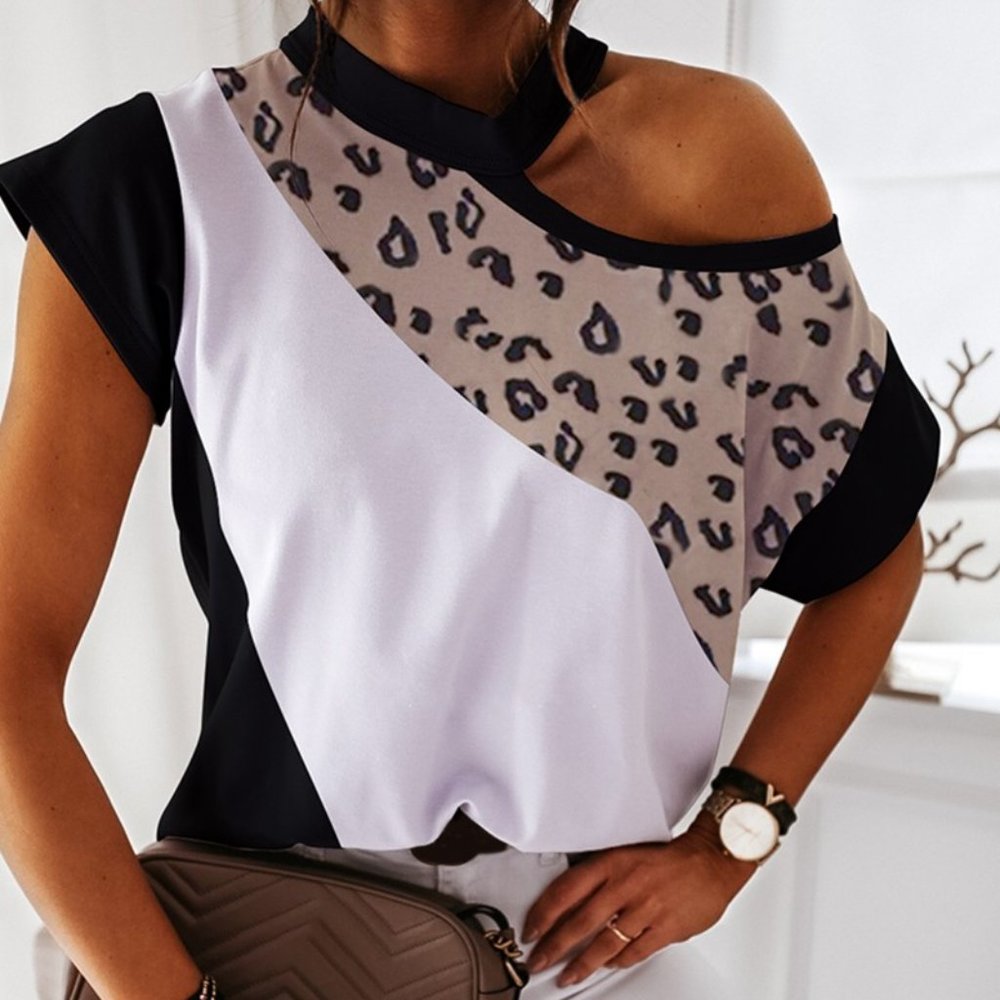 Cheetah Print Colorblock One Shoulder T-shirt